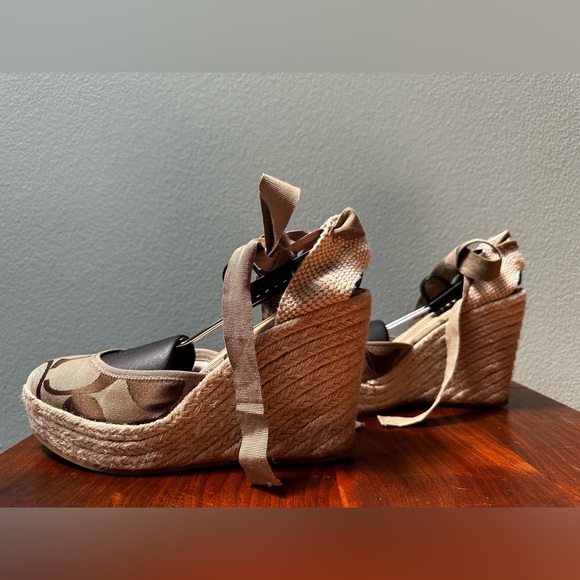 Coach Kellie Logo Ribbon Tie Espadrilles Closed Toe Wedges Sandals Raffia Shoes - Picture 14 of 16